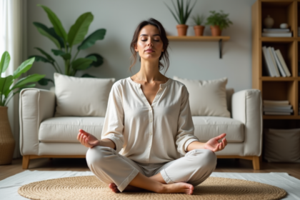 Femme méditant dans un salon paisible avec plantes vertes