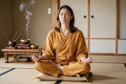 Femme méditant en récitant le mantra Om Mani Padme Hum dans une salle de méditation zen avec bol tibétain et encens