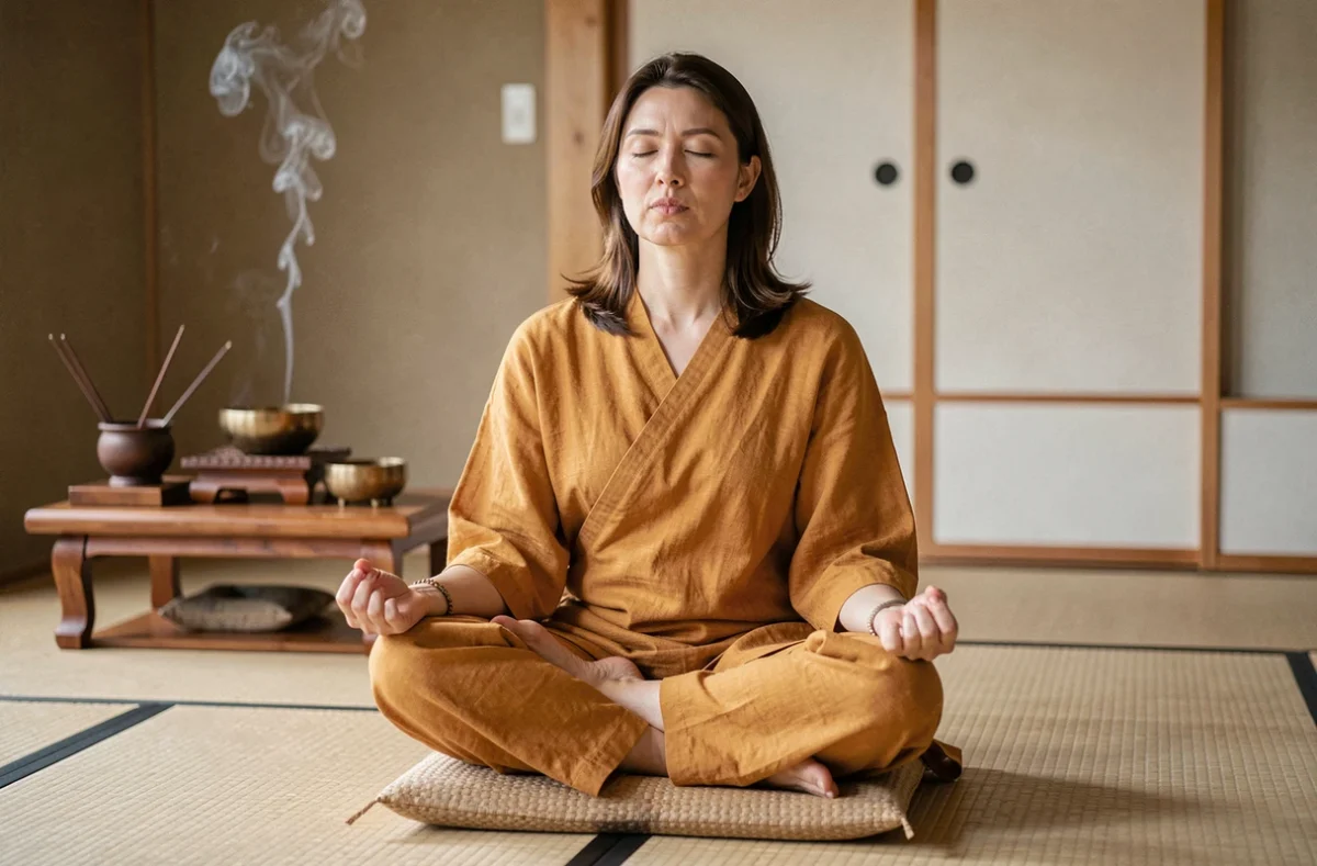 Femme méditant en récitant le mantra Om Mani Padme Hum dans une salle de méditation zen avec bol tibétain et encens
