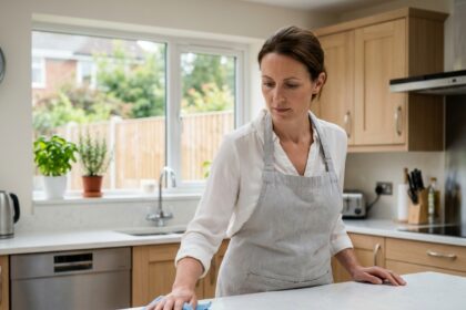 Femme de ménage professionnelle essuyant le plan de travail d'une cuisine moderne avec un chiffon microfibre