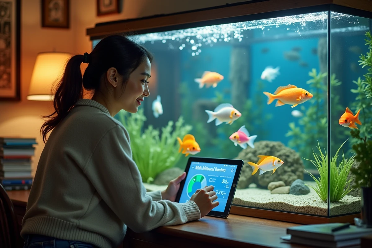 Femme regardant poissons colorés dans un aquarium