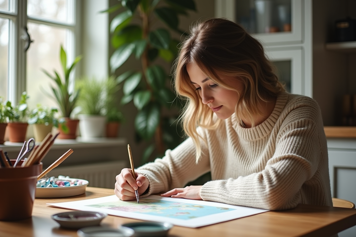 Femme concentrée peignant un tableau dans une cuisine lumineuse