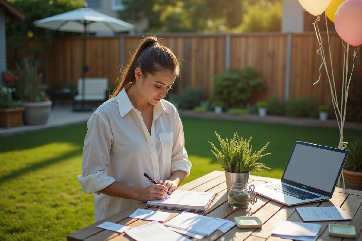 Jeune femme préparant une fête dans un jardin extérieur