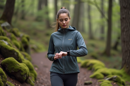 Jeune femme en veste technique en forêt au printemps