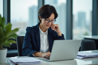 Femme professionnelle examine son CV sur un ordinateur dans un bureau