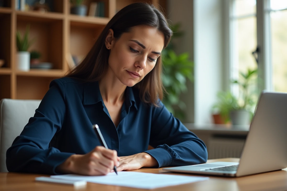 Femme rédigeant une lettre recommandée de réclamation à son bureau à domicile