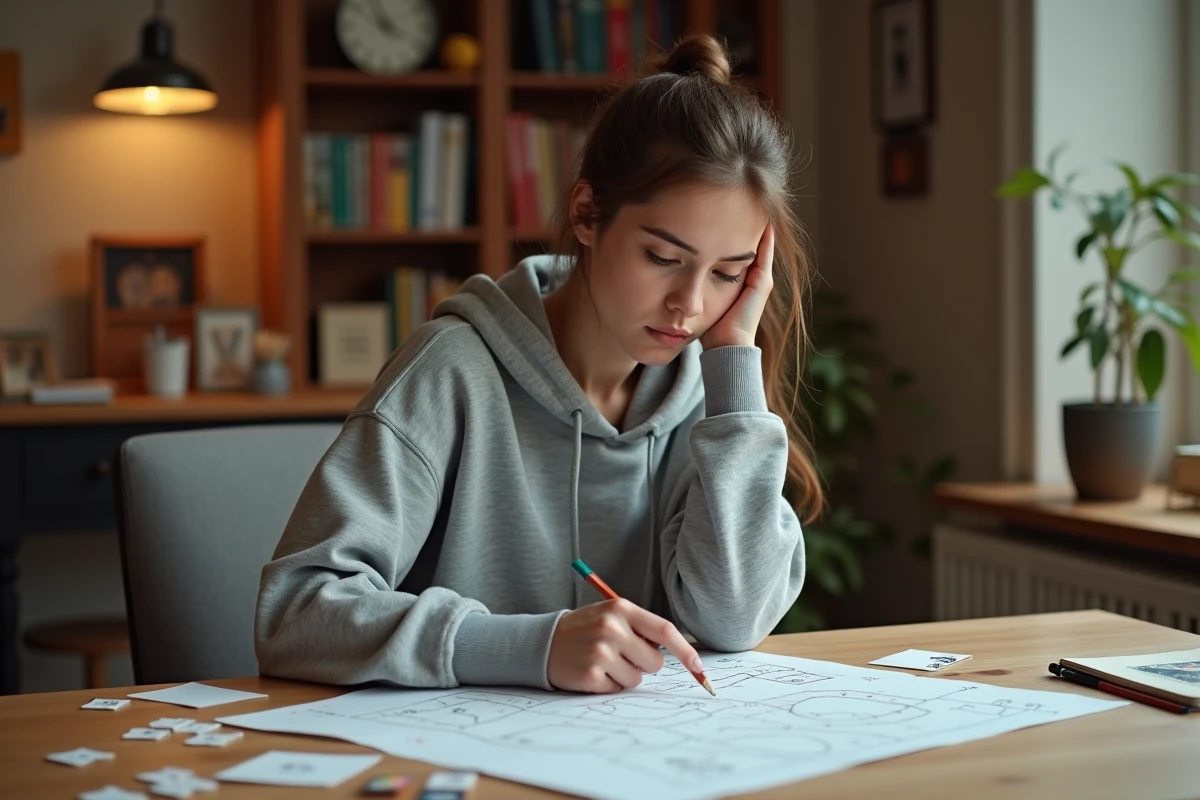 Jeune femme concentrée résolvant une énigme de room escape sur une carte posée sur un bureau en bois