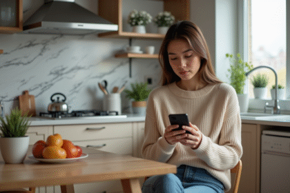 Jeune femme regardant son smartphone dans une cuisine moderne