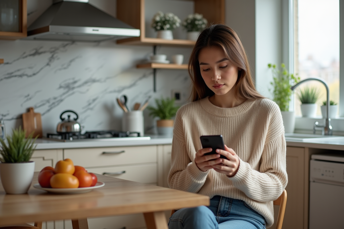 Jeune femme regardant son smartphone dans une cuisine moderne