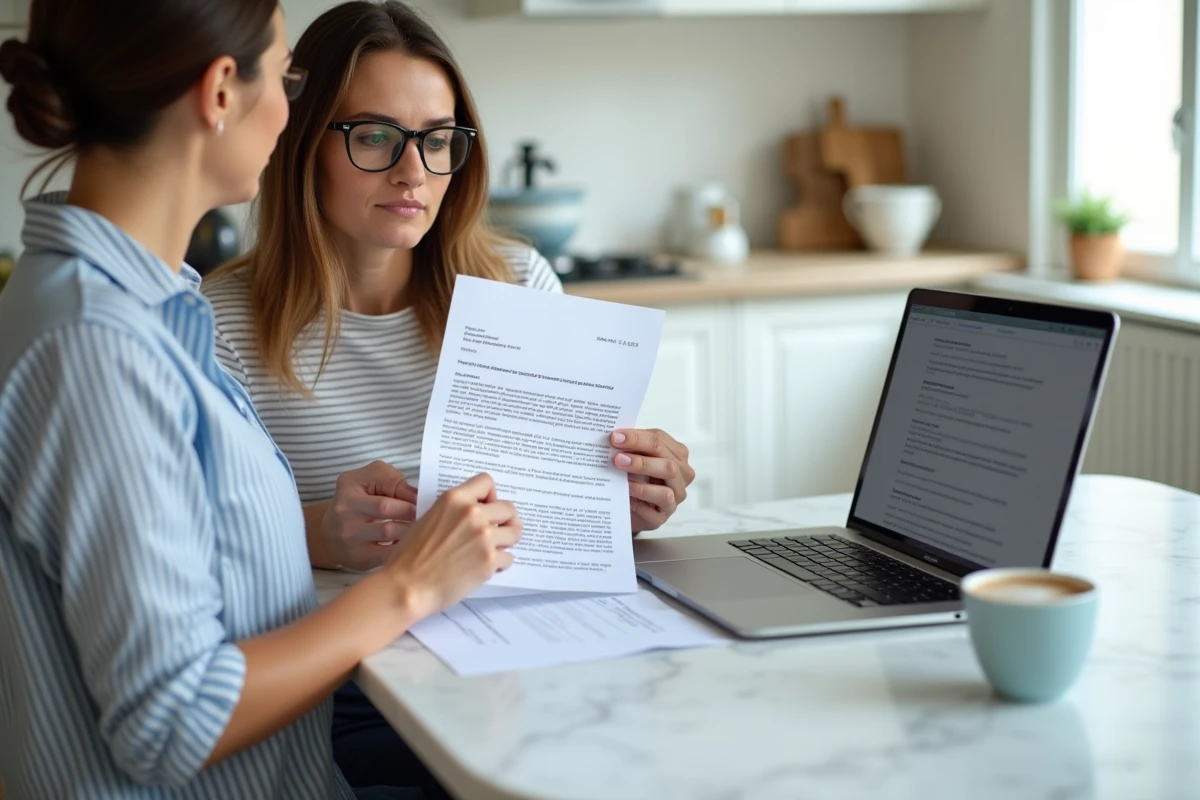 Femme relisant une lettre recommandée de réclamation avant envoi dans sa cuisine