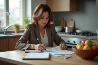 Femme d'âge moyen examine ses factures dans la cuisine