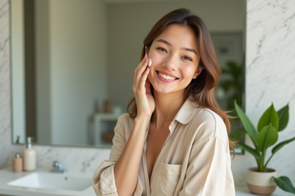 Femme souriante appliquant une creme sur le visage