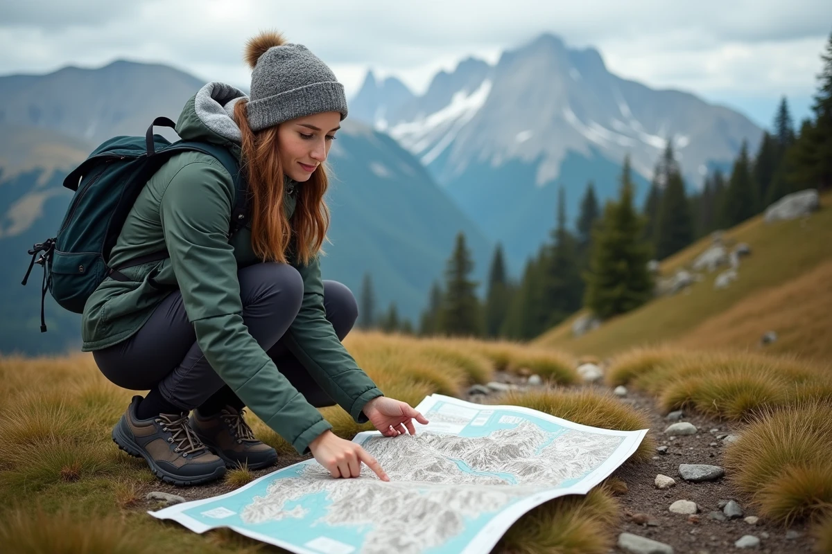 Jeune femme trace un itinéraire sur une carte en montagne