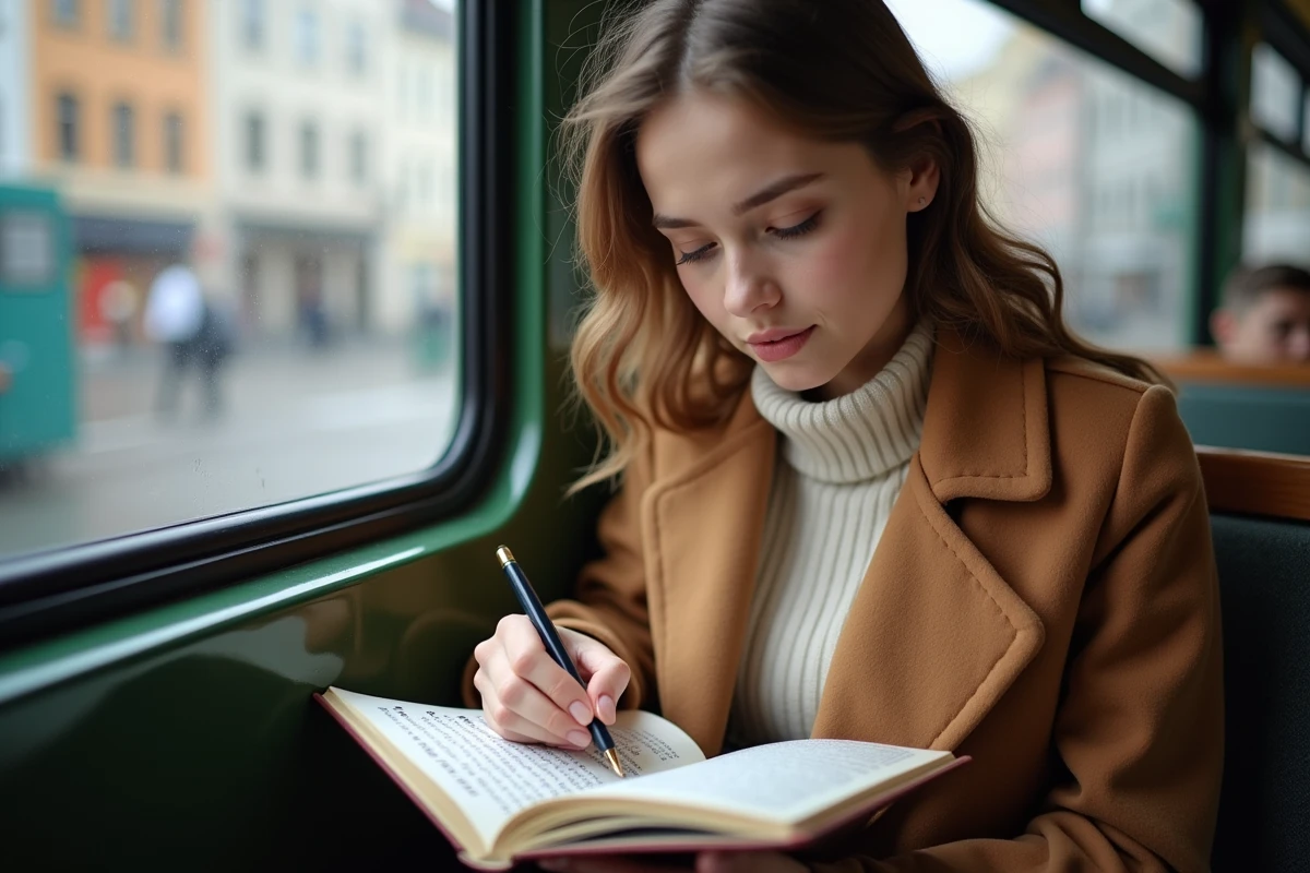 Jeune femme belge consulte un guide dans un tram