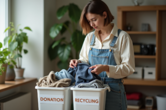 Jeune femme triant des vêtements dans des bacs de recyclage