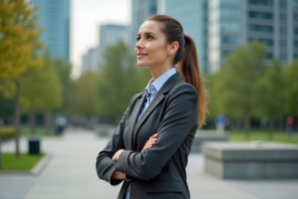 Femme d'affaires confiante dans un parc urbain moderne