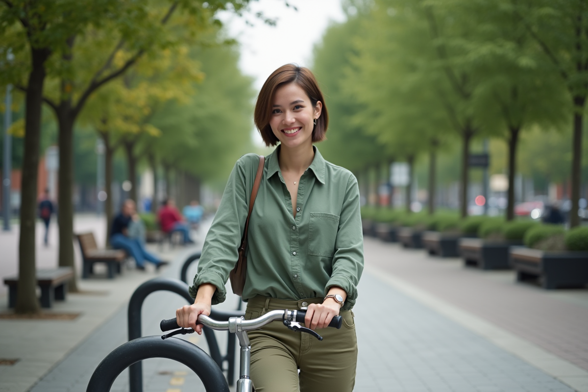 Jeune femme déverrouillant un vélo en ville dans un parc