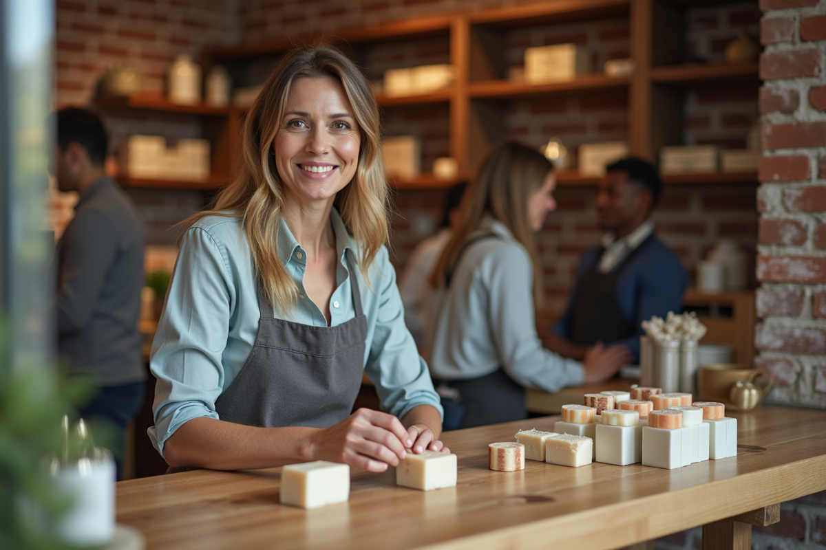 Femme daffaires arrangeant des savons artisanaux en boutique
