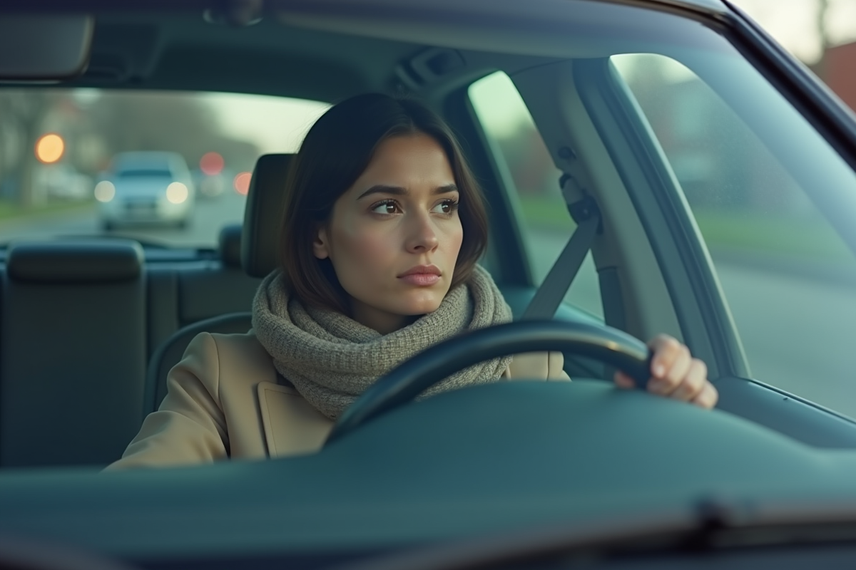 Jeune femme dans une vieille voiture en ville