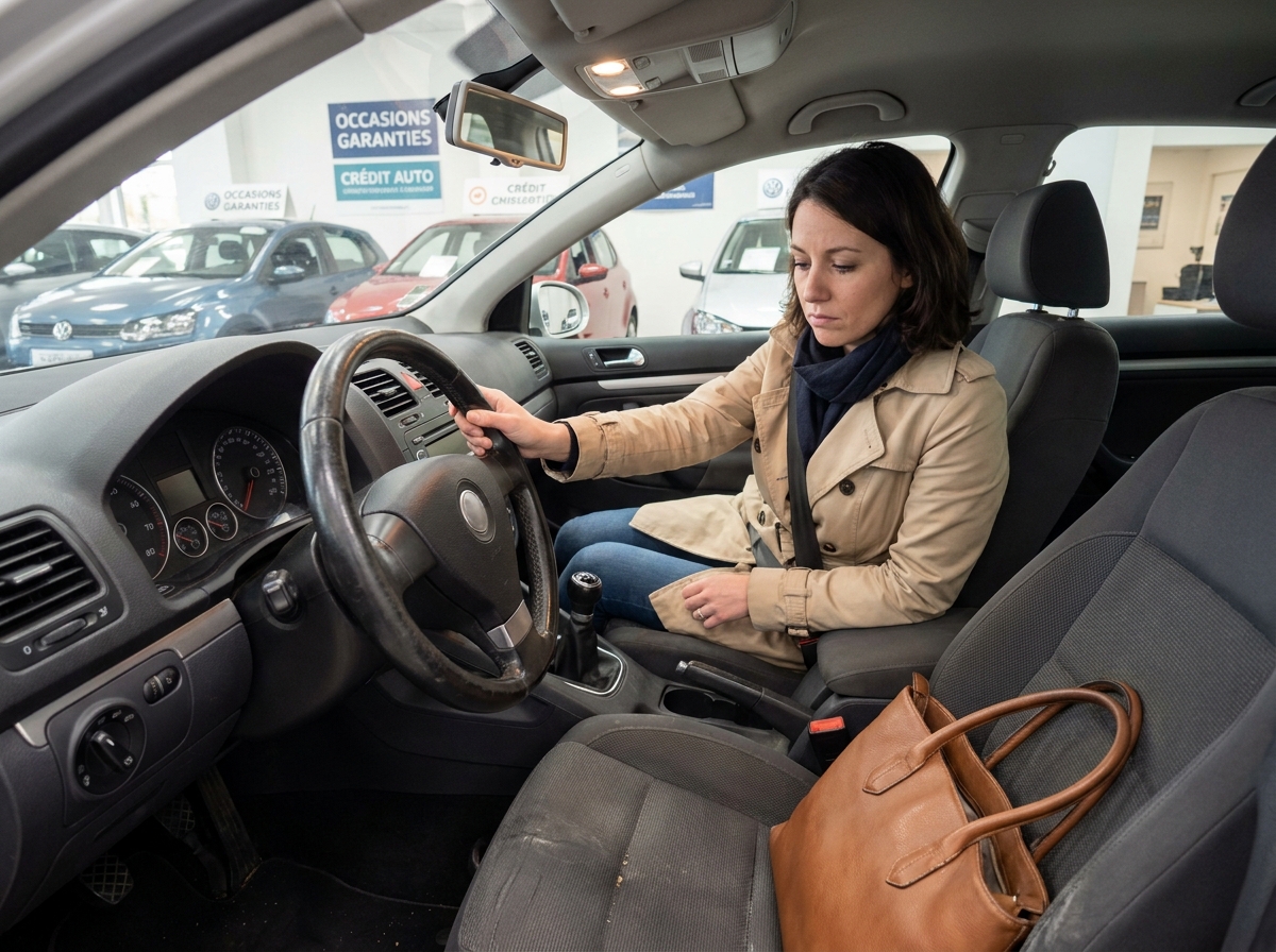 Femme au volant d'une voiture d'occasion dans une concession automobile française