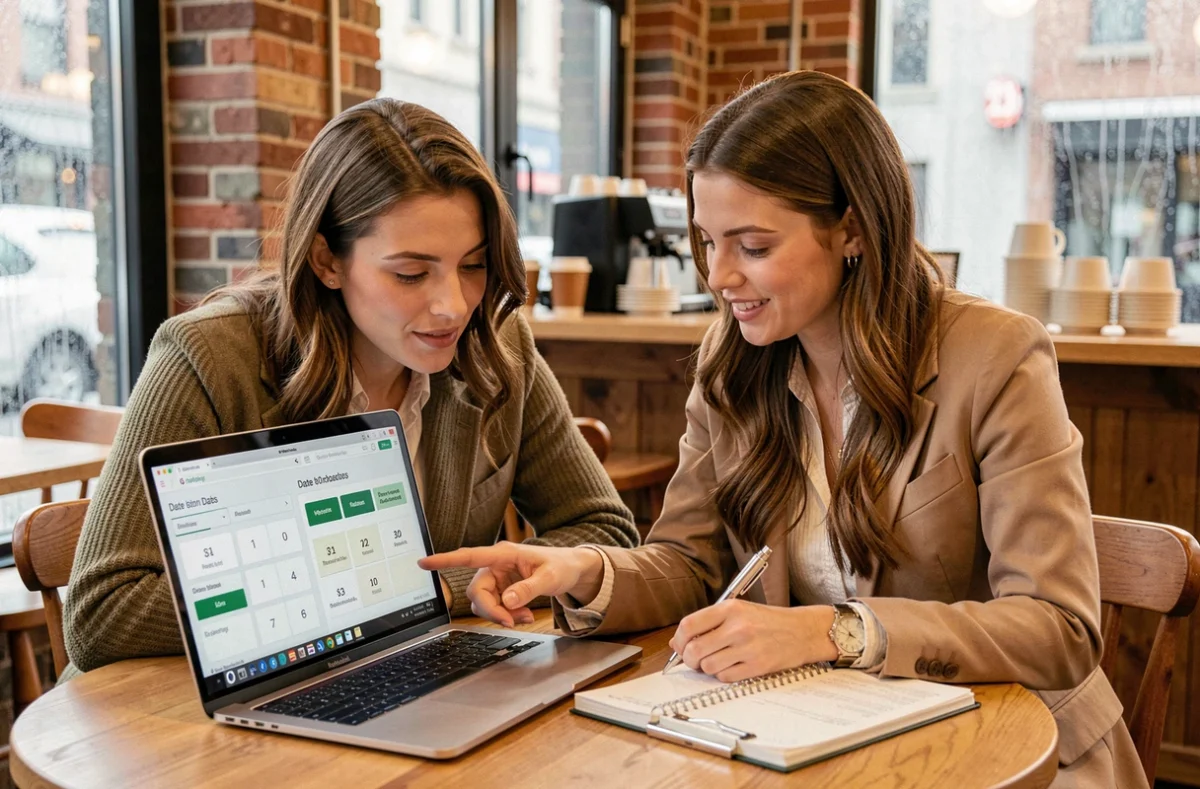 Deux femmes calculant le nombre de jours entre deux dates sur un outil en ligne dans un café