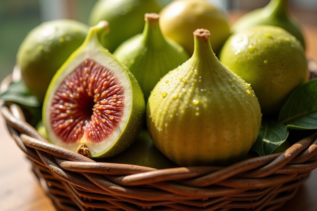 Figs et feijoas frais en gros plan dans un panier en bois