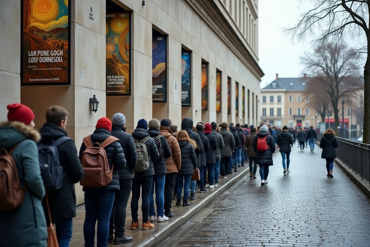 File d'attente de visiteurs devant le musée à Lyon pour l'exposition Van Gogh par un jour d'automne nuageux