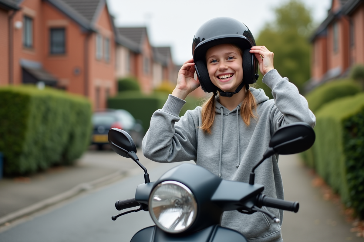 Fille souriante avec casque et scooter dans quartier résidentiel