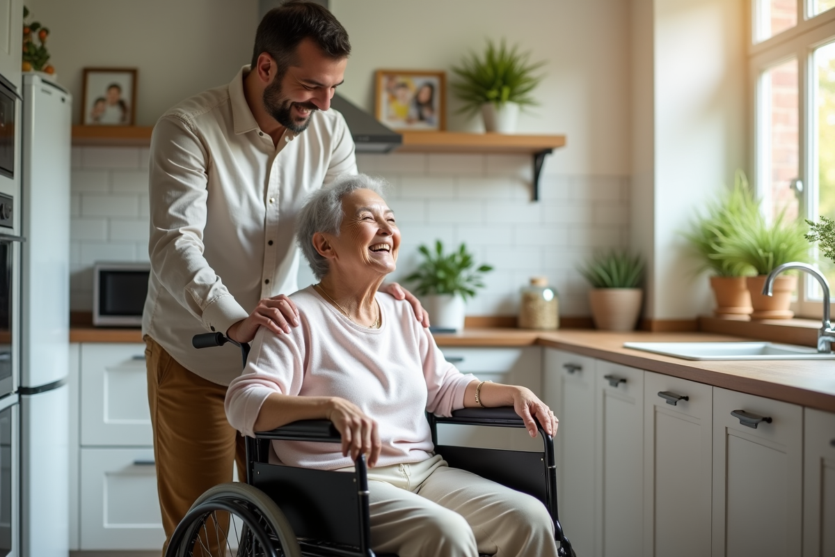 Jeune homme aidant sa mère en fauteuil dans la cuisine lumineuse