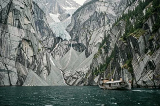 Fjord côtier d'Alaska avec falaises de granit abruptes et cicatrices de glissement de terrain, illustrant le contexte géologique du mégatsunami de 1958 dans la baie de Lituya