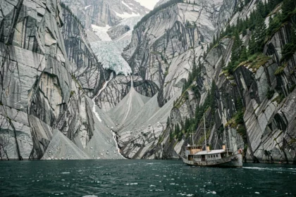 Fjord côtier d'Alaska avec falaises de granit abruptes et cicatrices de glissement de terrain, illustrant le contexte géologique du mégatsunami de 1958 dans la baie de Lituya