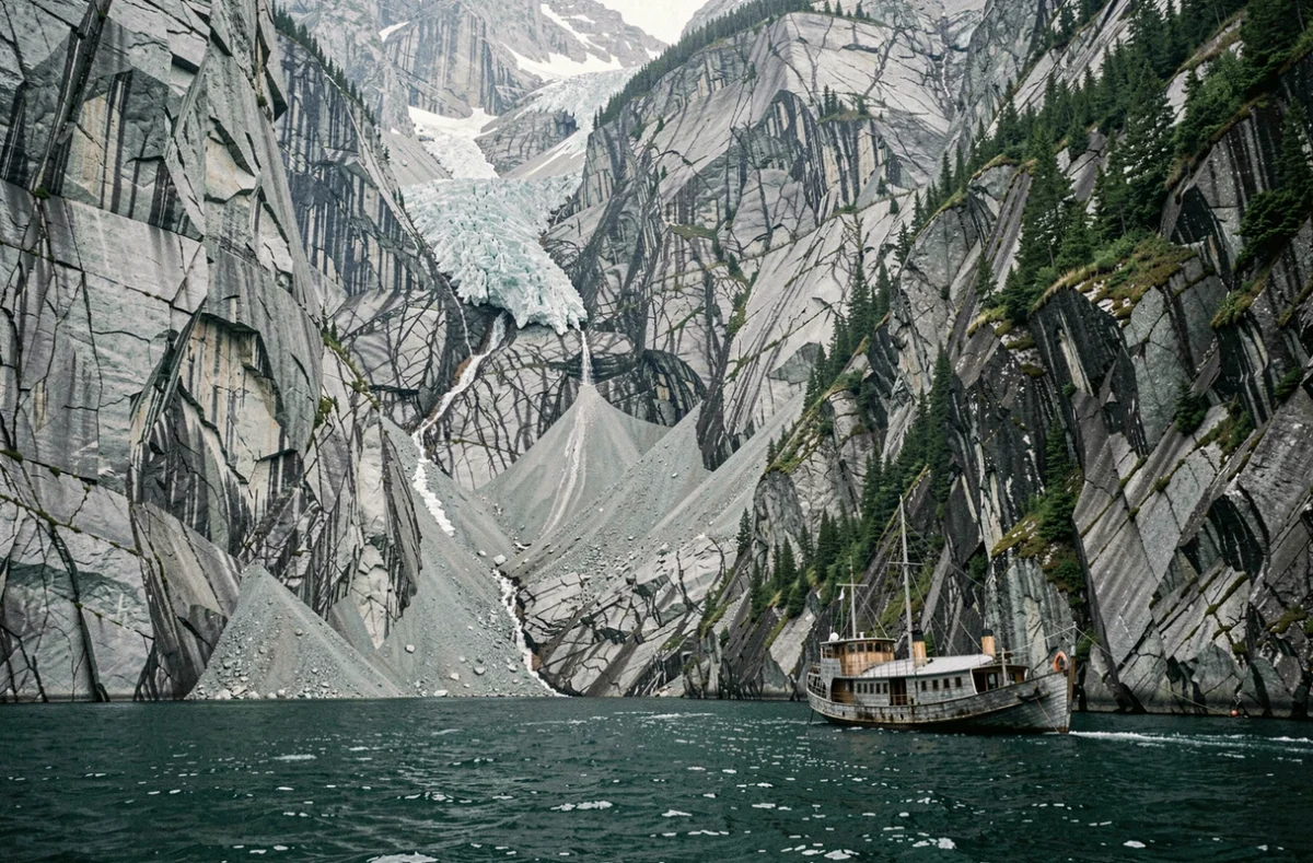 Fjord côtier d'Alaska avec falaises de granit abruptes et cicatrices de glissement de terrain, illustrant le contexte géologique du mégatsunami de 1958 dans la baie de Lituya