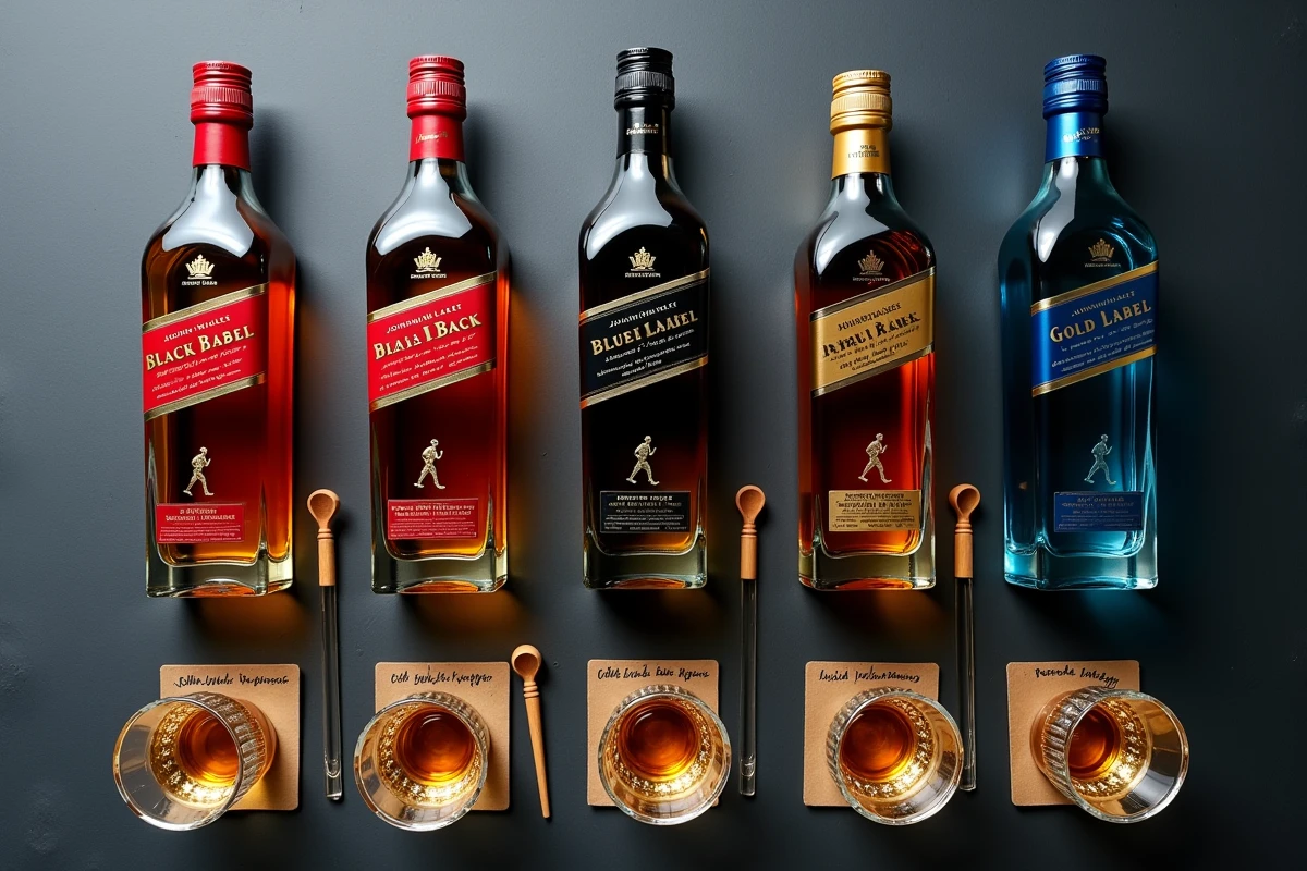 Vue en plongée de cinq bouteilles Johnnie Walker alignées avec leurs verres de dégustation pour une comparaison des gammes