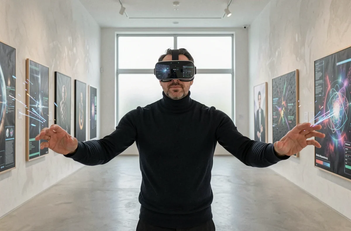 Homme portant un casque de réalité virtuelle créant une peinture numérique en 3D dans une galerie d'art métaverse minimaliste