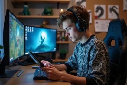 Jeune homme gamer en jersey esports concentré sur sa tablette