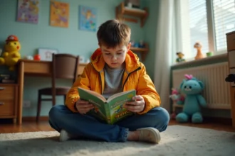 Garçon adolescent anxieux lit un manuel de dragons dans sa chambre