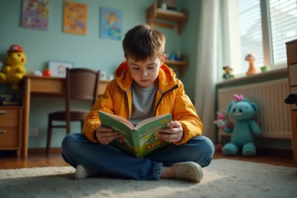 Garçon adolescent anxieux lit un manuel de dragons dans sa chambre