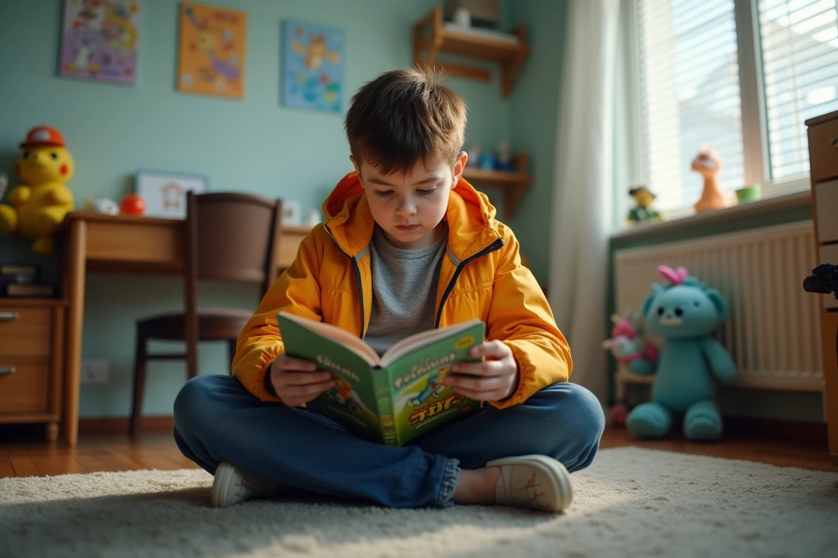 Garçon adolescent anxieux lit un manuel de dragons dans sa chambre