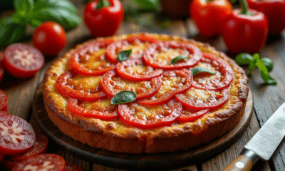 Gâteau de poivron et chorizo tranché sur table ensoleillée