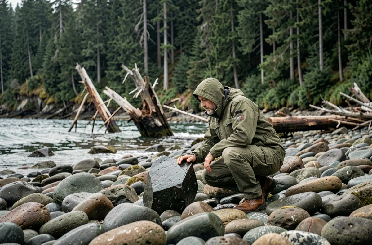 Géologue marin examinant des blocs rocheux sur un rivage d'Alaska, vestiges d'un événement de tsunami exceptionnel comparable au mégatsunami de la baie de Lituya en 1958