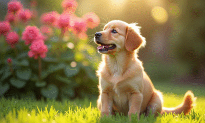 Chiot golden retriever dans un jardin ensoleille
