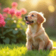 Chiot golden retriever dans un jardin ensoleille