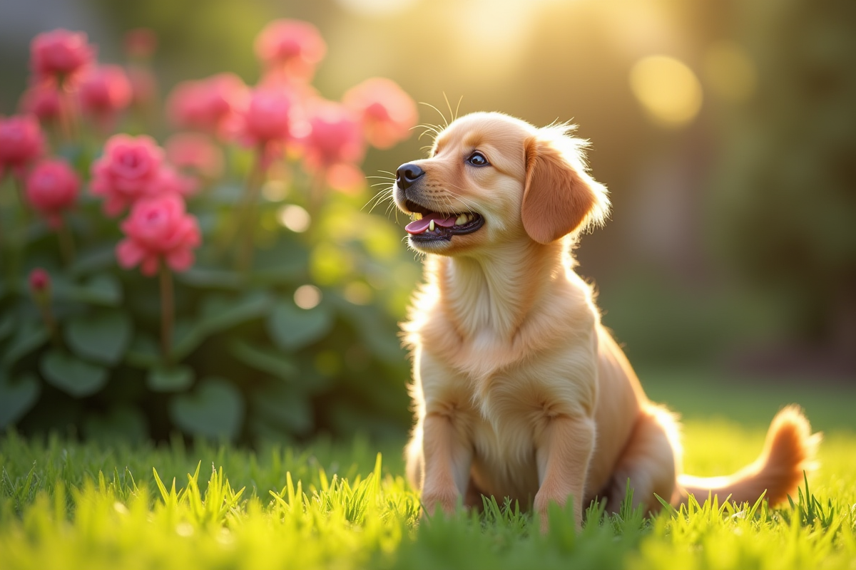 Chiot golden retriever dans un jardin ensoleille