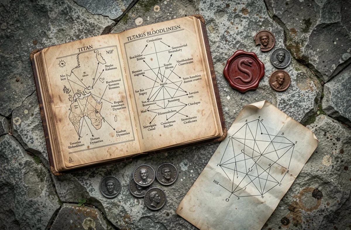 Vue aérienne d'un grimoire ancien ouvert sur des cartes et arbres généalogiques reliant les titans aux dynasties eldiennes, entouré de sceaux de cire brisés, de pièces en fer archaïques et de parchemins sur une surface de pierre craquelée