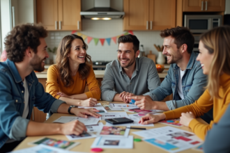 Groupe d'amis organisant une fête dans une cuisine moderne