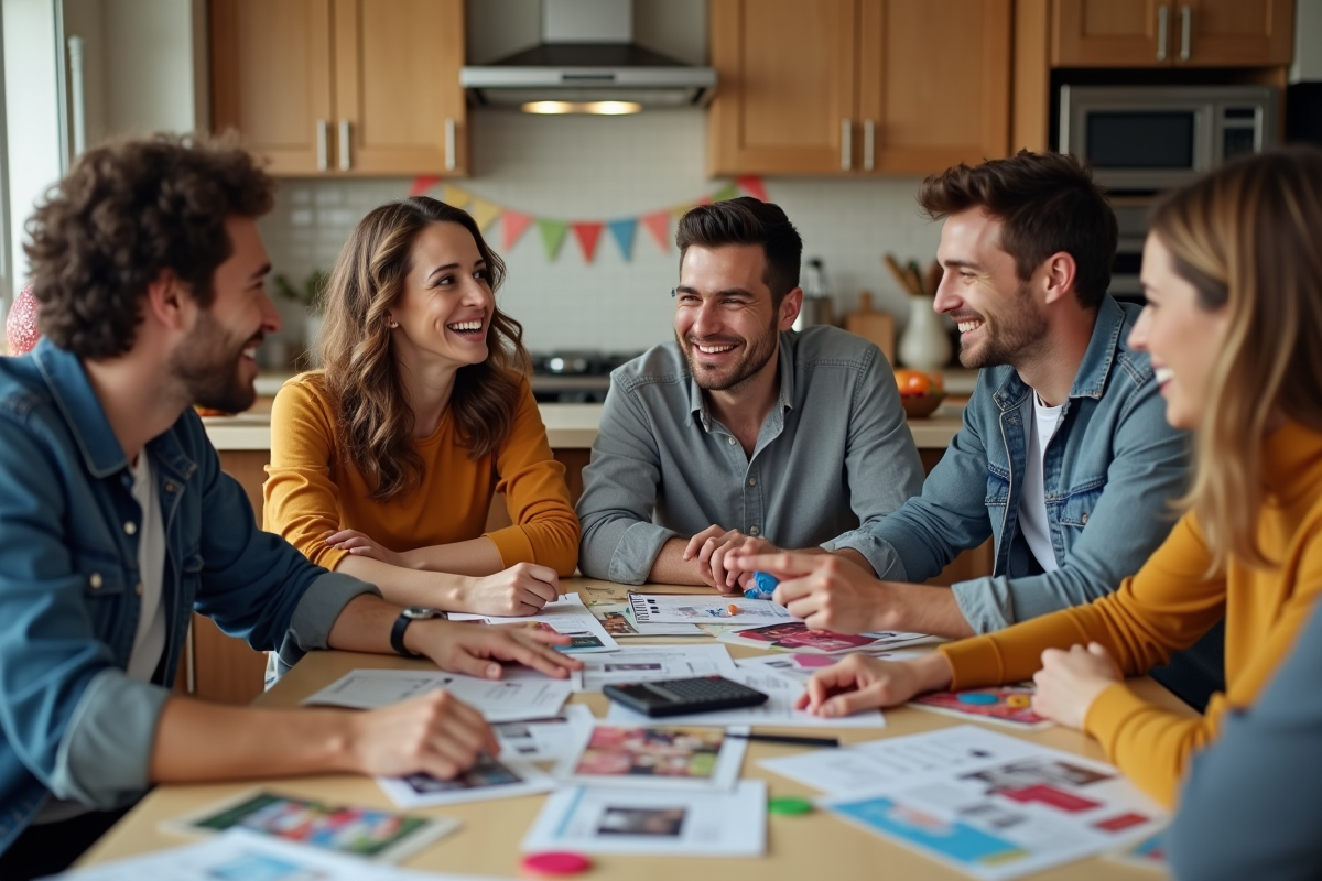 Groupe d'amis organisant une fête dans une cuisine moderne