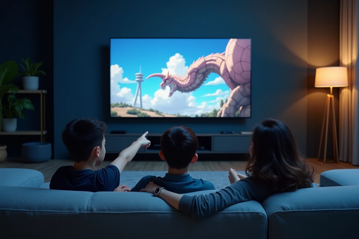 Groupe d'amis regardant Dragon Ball Super sur un grand écran et découvrant Black Goku ensemble