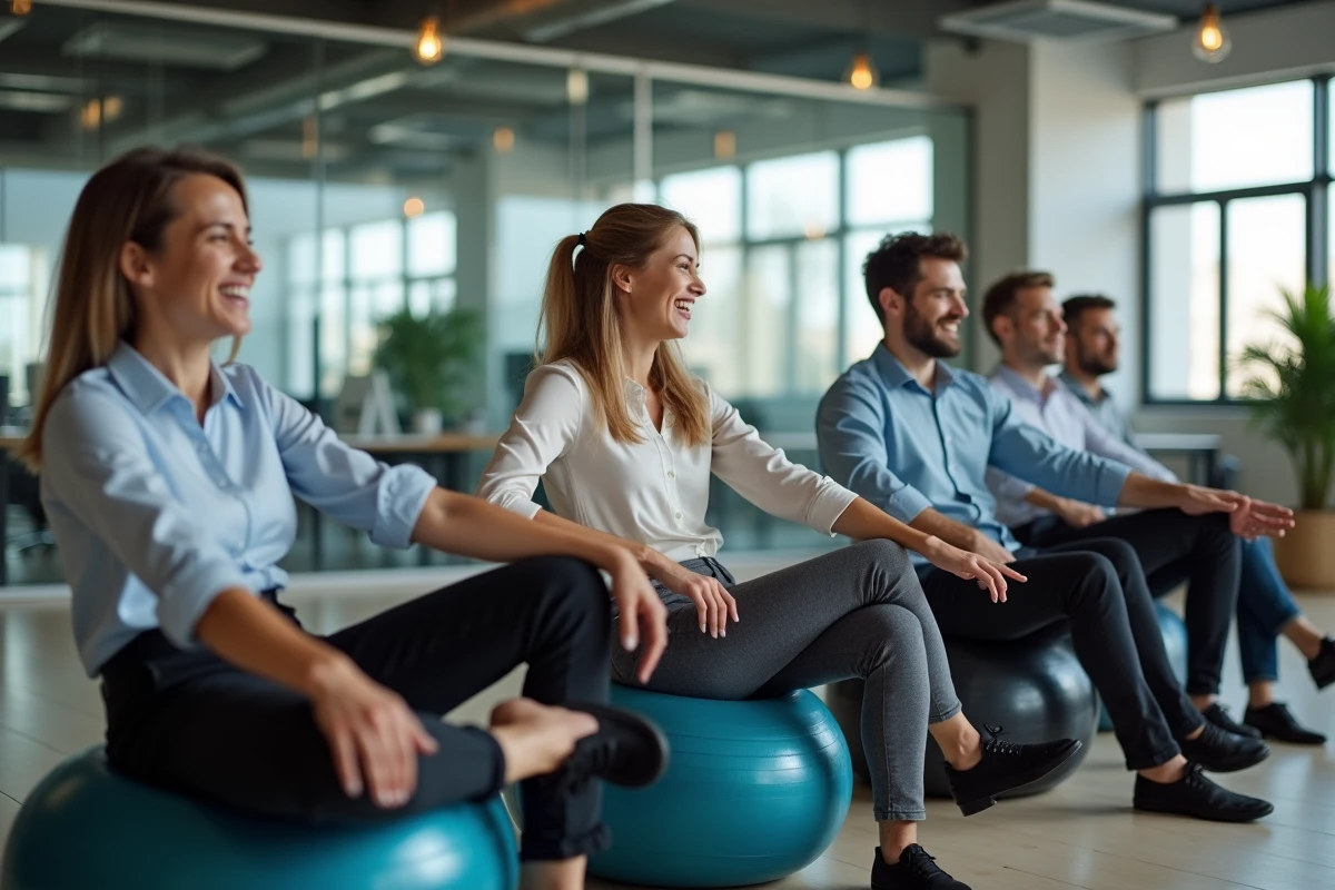 Groupe de collègues en office partageant un rire avec ballons de gym