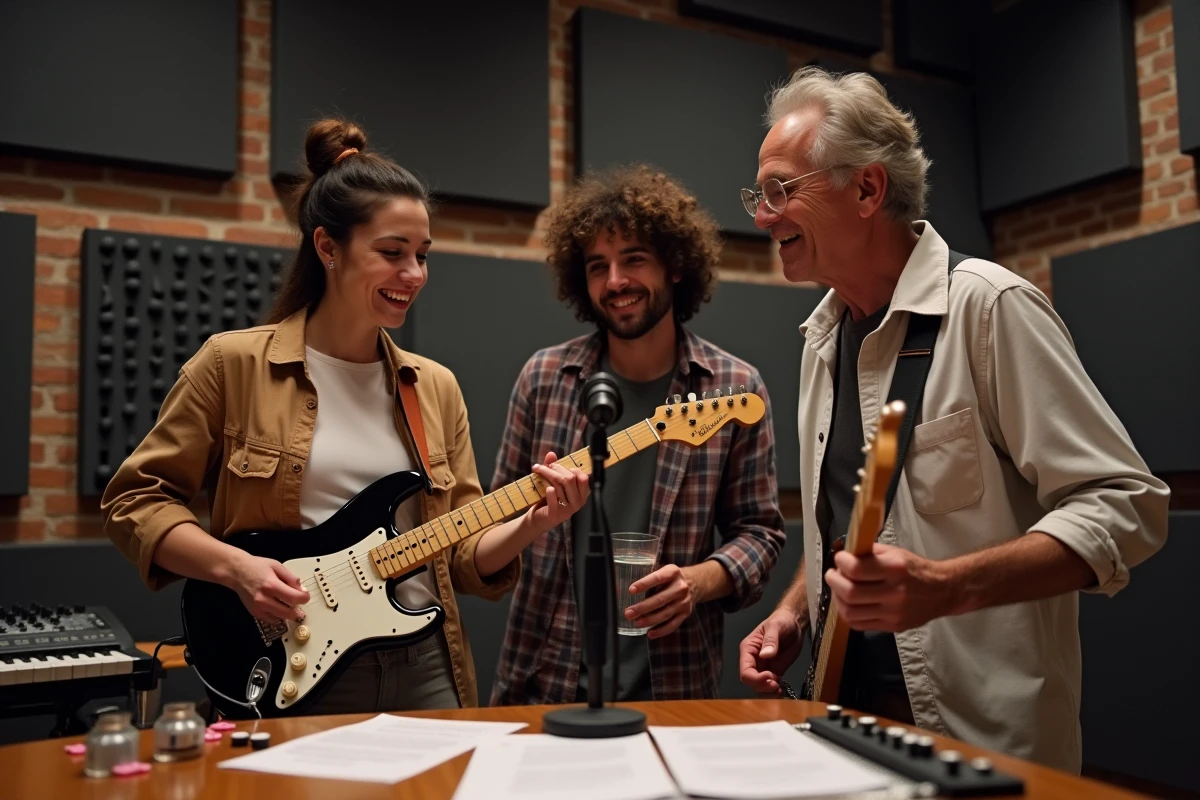 Groupe de candidats répétant des paroles et de la guitare dans un studio d'enregistrement professionnel