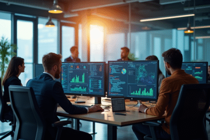 Groupe de data scientists analysant des codes et graphiques